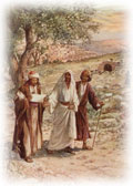Jesus wailking with two men